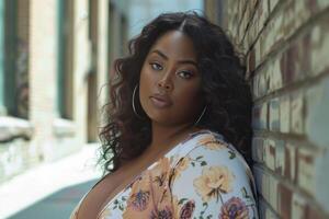 Plus size model posing in urban setting, embracing body positivity and fashion photo