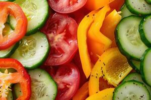 Sliced cucumbers, tomatoes, and yellow bell peppers creating a colorful and healthy salad photo