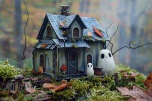 Two friendly ghosts protecting abandoned house in misty forest photo