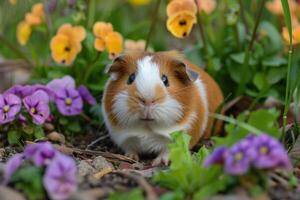 Adorable guinea pig relaxing in a colorful flower garden photo