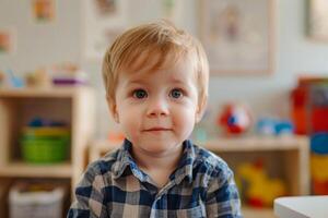 Portrait of cute blond toddler sitting in playroom, looking at camera photo