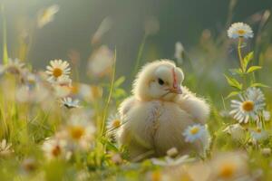 Little chick resting in a field of daisies during a sunny day photo