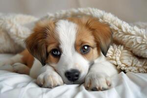 Adorable puppy resting on white sheets underneath soft blanket photo