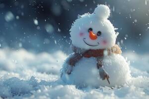Smiling snowman enjoying falling snow in winter wonderland photo