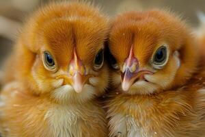 Two cute baby chickens showing their tiny orange beaks photo
