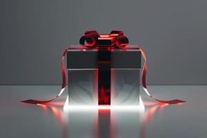 White gift box with red ribbon illuminated from below on gray background photo