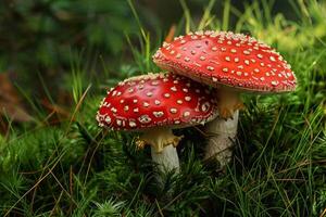 Two vibrant red fly agaric mushrooms growing in lush green grass photo