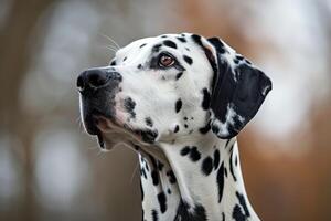 Dalmatian dog looking up with hope in blurred background photo