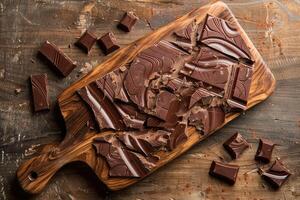 Delicious dark chocolate broken into pieces on rustic wooden cutting board photo