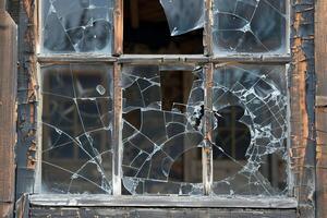 Broken window showing neglect and decay in abandoned building photo