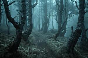 Dark spooky forest with fog and twisted trees creating a mysterious atmosphere photo