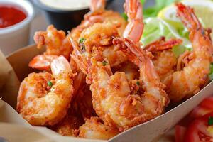 Breaded and fried shrimps with dipping sauces and vegetables photo