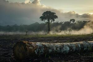 Deforestation creates barren landscape with smoke and fallen trees in the amazon rainforest photo