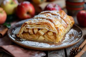 Delicious homemade apple strudel with icing sugar resting on a wooden table photo