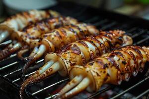 Grilled squids grilling on metal grill grates over coals in diagonal composition photo