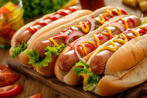 Grilled hot dogs topped with mustard and ketchup on wooden board photo