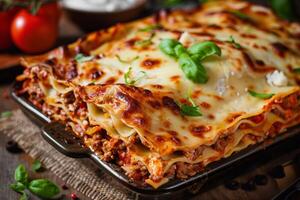 Delicious lasagna bolognese baking in the oven with basil garnish photo