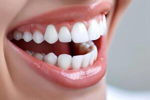 Woman showing perfect white teeth while smiling photo