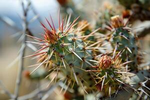 Cactus showing spines and blooming flowers in desert landscape photo