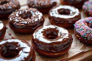 Delicious chocolate donuts covered with icing and sprinkles resting on baking paper photo