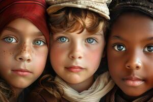 Three children showing diversity and unity with intense eyes photo