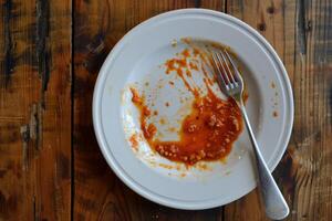 Empty plate with tomato sauce leftovers and fork on wooden table photo
