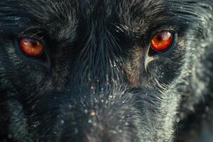 Intense close up of black wolf showing fiery red eyes and wet fur photo