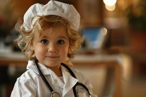 Young child playing doctor wearing white coat and stethoscope photo