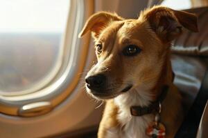 Small dog enjoying airplane trip sitting near window photo