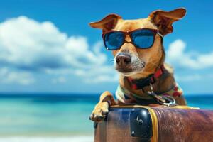 Dog wearing sunglasses relaxing on beach with suitcase photo