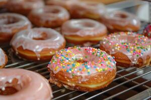 Fresh assorted glazed donuts on display photo