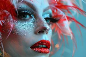 Model showing creative makeup with red lipstick, glitter and feathers photo