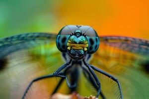 Colorful dragonfly showing its compound eyes and blurred wings in macro photography photo