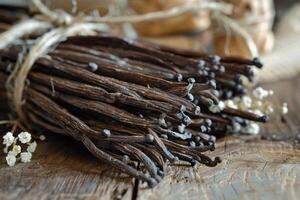 Bundle of vanilla pods tied with string lying on rustic wooden table photo