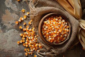 Dried corn grains in bowl on rustic background with burlap and corn husks photo