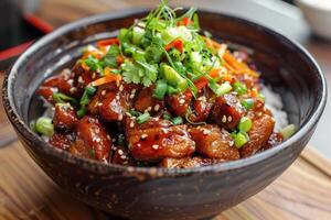 Delicious glazed pork belly with rice, sesame seeds and herbs in a bowl photo