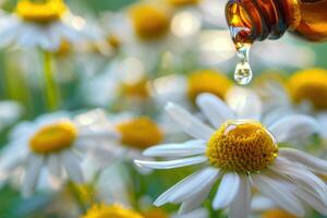 Essential oil dropping on blooming chamomile flower from amber bottle photo