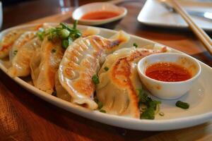 Delicious pan fried gyoza dumplings served on white plate with dipping sauce photo