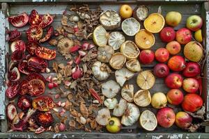Fresh and dry pomegranates, lemons and apples arranged on rustic wooden tray photo