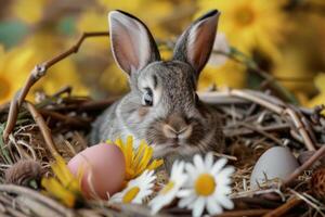 Adorable easter bunny relaxing in nest with colorful eggs and flowers photo