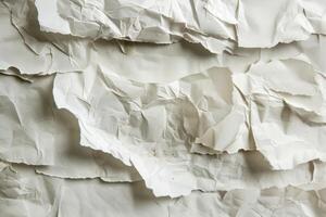 Crumpled and torn white paper creating textured layers photo