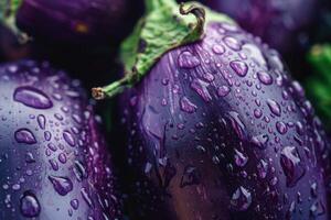 Fresh eggplants with water droplets creating a vibrant close up photo