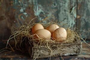 Fresh eggs nestled in rustic wooden box with straw on weathered background photo