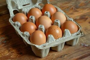Ten brown eggs resting in open carton on rustic wooden table photo