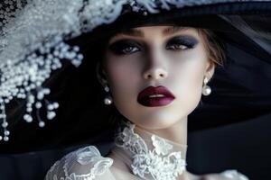 Fashion model wearing extravagant hat and elegant dress posing for beauty portrait photo