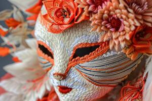 Embroidered fox mask with orange flowers and feathers creating a stunning visual photo