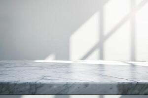 Empty marble tabletop with window shadow overlay for product placement photo