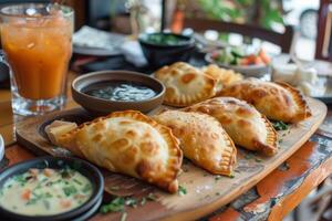 Delicious empanadas served on wooden board with dipping sauces photo
