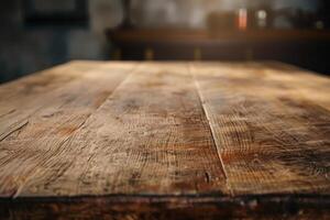 Rustic wooden tabletop with warm bokeh background photo