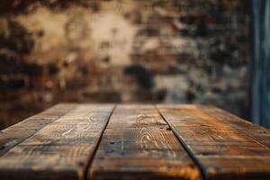 Empty wooden table with blurred rustic background for product placement photo